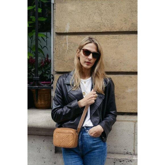 Women Camel Brown Imported Vegan Leather Quilted Shoulder Crossbody Handbags - Picture 2 of 6